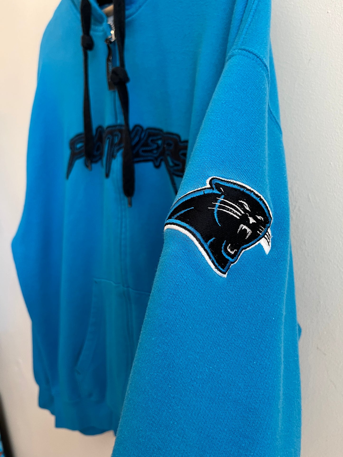 00s Carolina Panthers Cat Scratch Spell Out Electric Blue Full Zip Hoodie (XL)