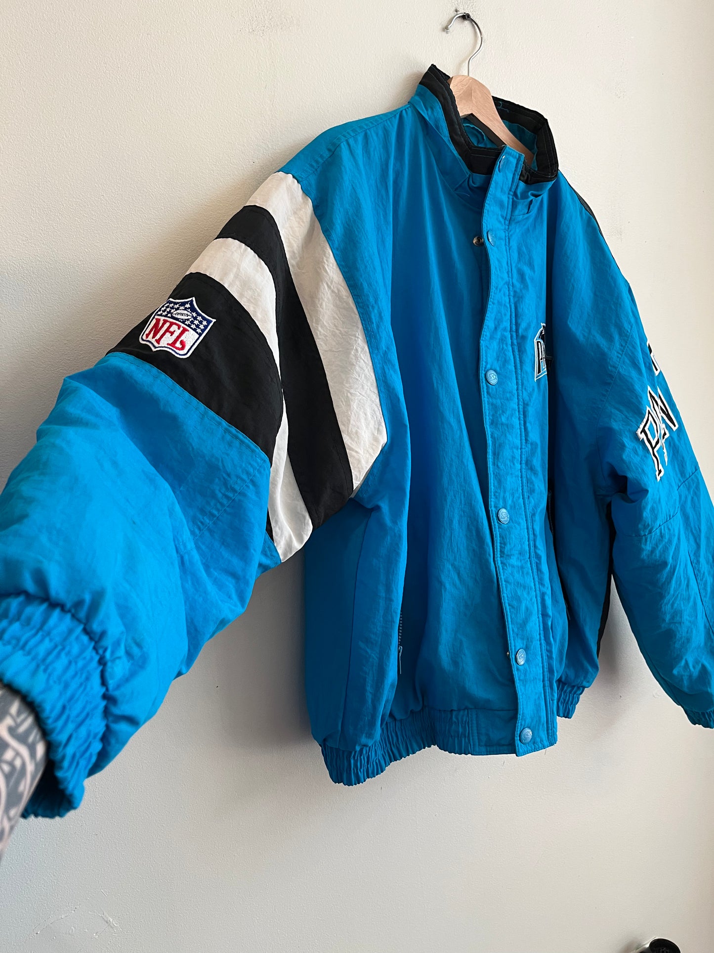 90s Carolina Panthers Blue Stained Starter Puffer Jacket (L)