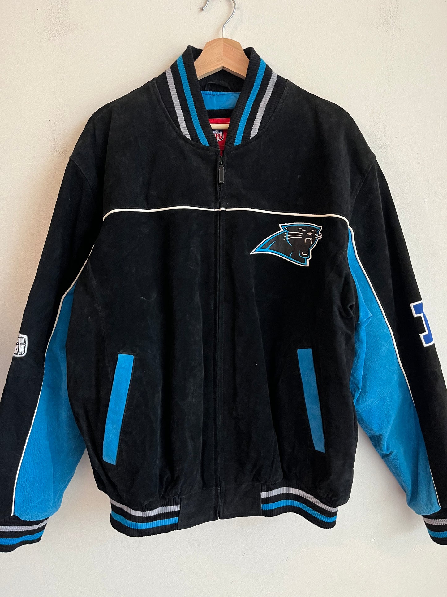 00s Carolina Panthers Cat Scratch Spell Out Seude Full Zip Jacket (L)