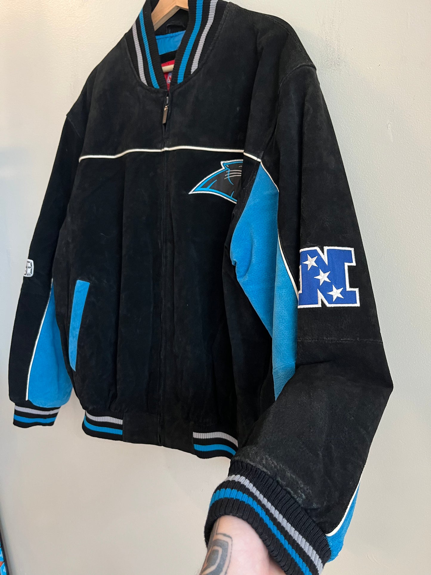 00s Carolina Panthers Cat Scratch Spell Out Seude Full Zip Jacket (L)