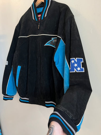 00s Carolina Panthers Cat Scratch Spell Out Seude Full Zip Jacket (L)