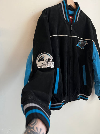 00s Carolina Panthers Cat Scratch Spell Out Seude Full Zip Jacket (L)