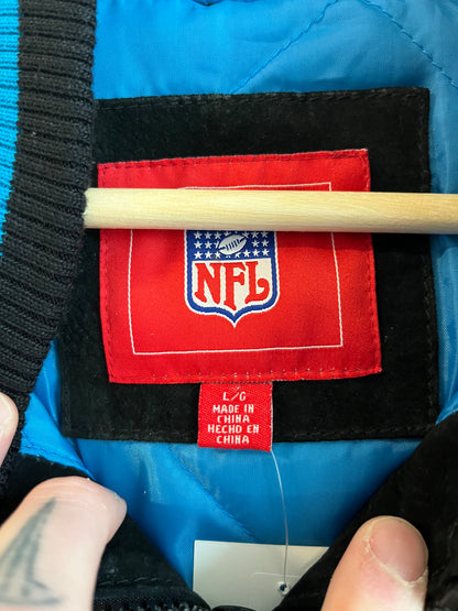 00s Carolina Panthers Cat Scratch Spell Out Seude Full Zip Jacket (L)