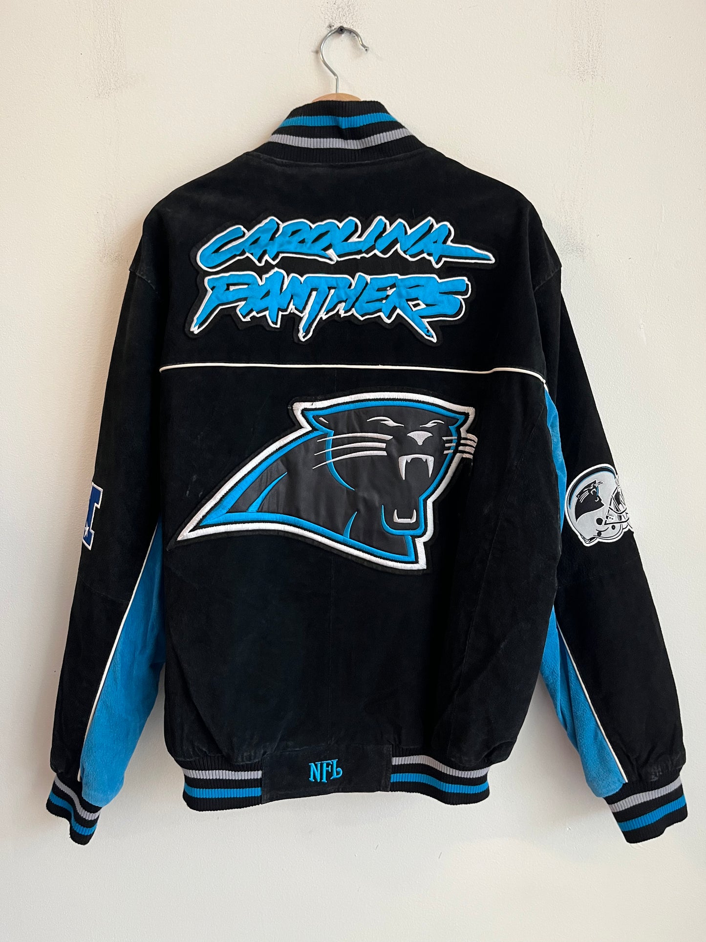 00s Carolina Panthers Cat Scratch Spell Out Seude Full Zip Jacket (L)
