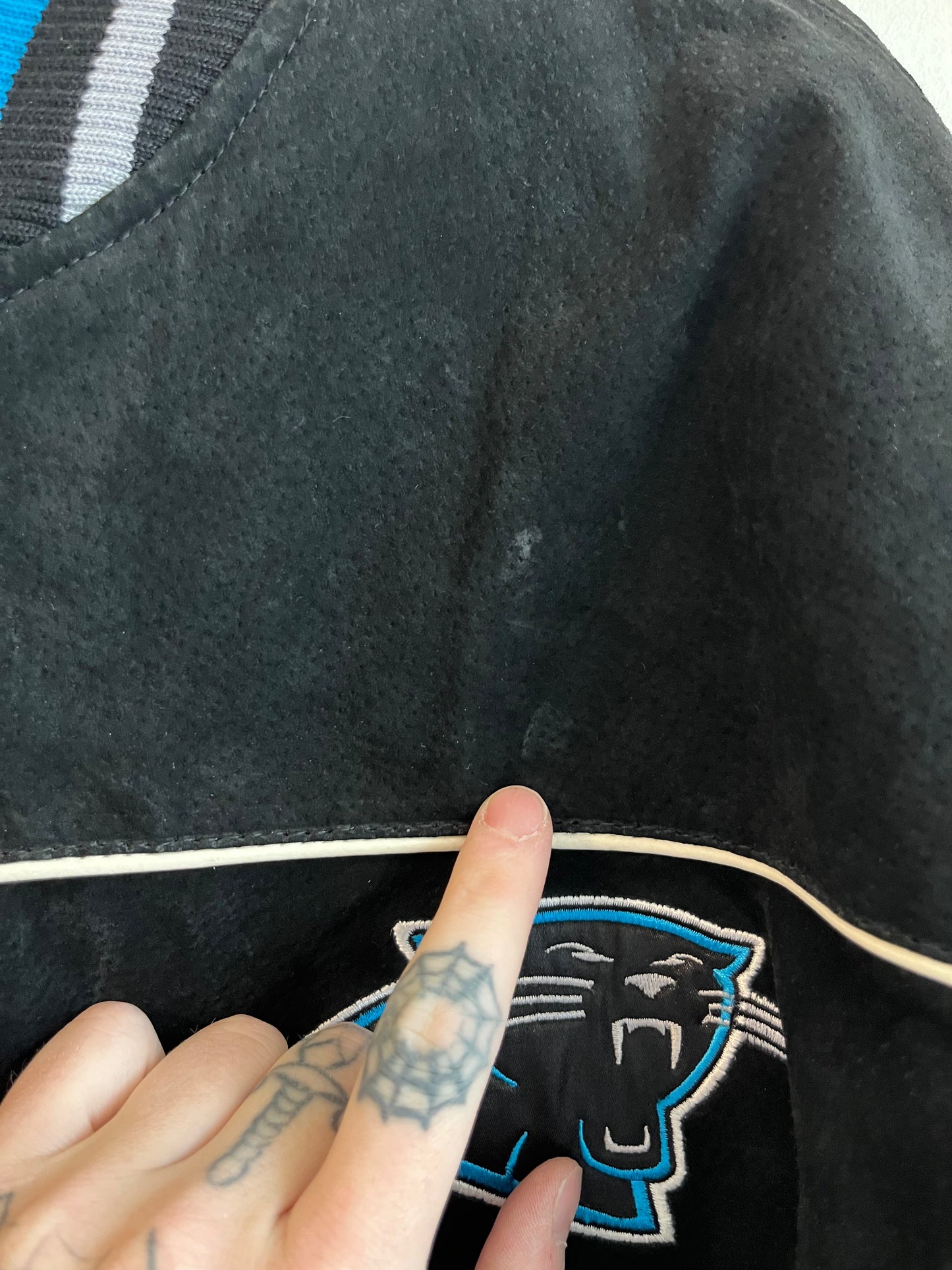 00s Carolina Panthers Cat Scratch Spell Out Seude Full Zip Jacket (L)