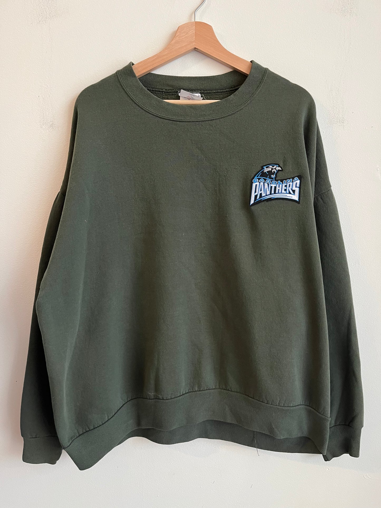 90s Carolina Panthers Embroidered Patched Military Green Crewneck (XXL)