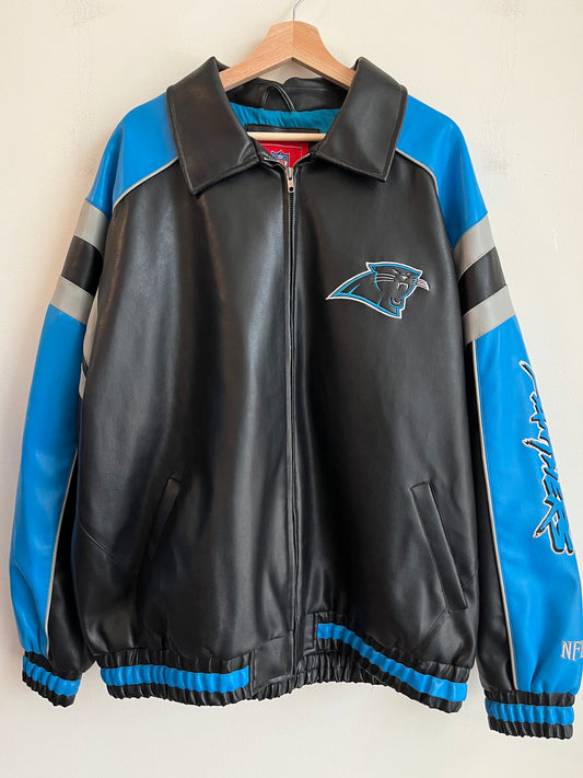 2010s Carolina Panthers Embroidered Cat Scratch Leather Jacket (XXL)