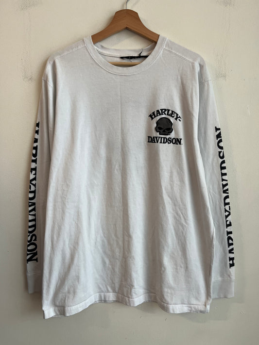 00s Harley Davidson White Embroidered Long Sleeve Shirt (XL)