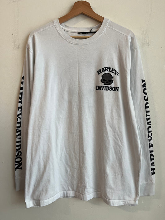 00s Harley Davidson White Embroidered Long Sleeve Shirt (XL)