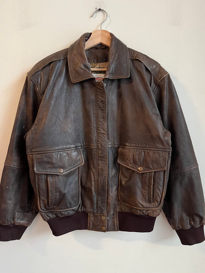 90s Brown Vintage Leather Map Lined Bomber Jacket (L)