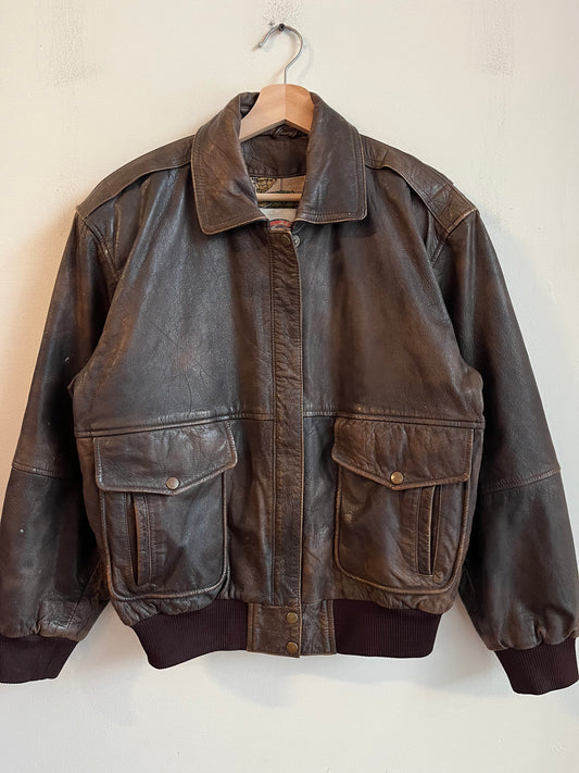 90s Brown Vintage Leather Map Lined Bomber Jacket (L)