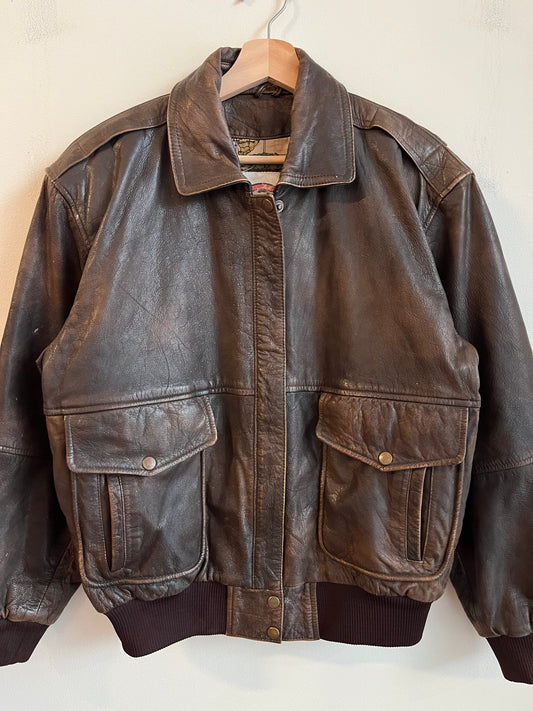 90s Brown Vintage Leather Map Lined Bomber Jacket (L)