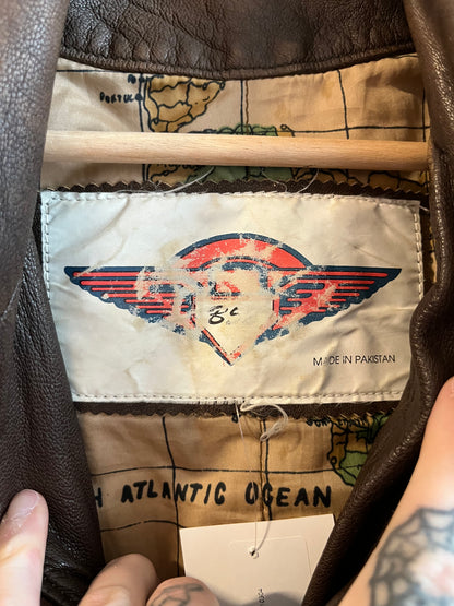 90s Brown Vintage Leather Map Lined Bomber Jacket (L)