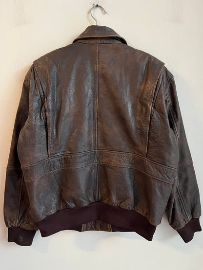 90s Brown Vintage Leather Map Lined Bomber Jacket (L)