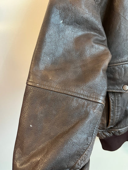 90s Brown Vintage Leather Map Lined Bomber Jacket (L)