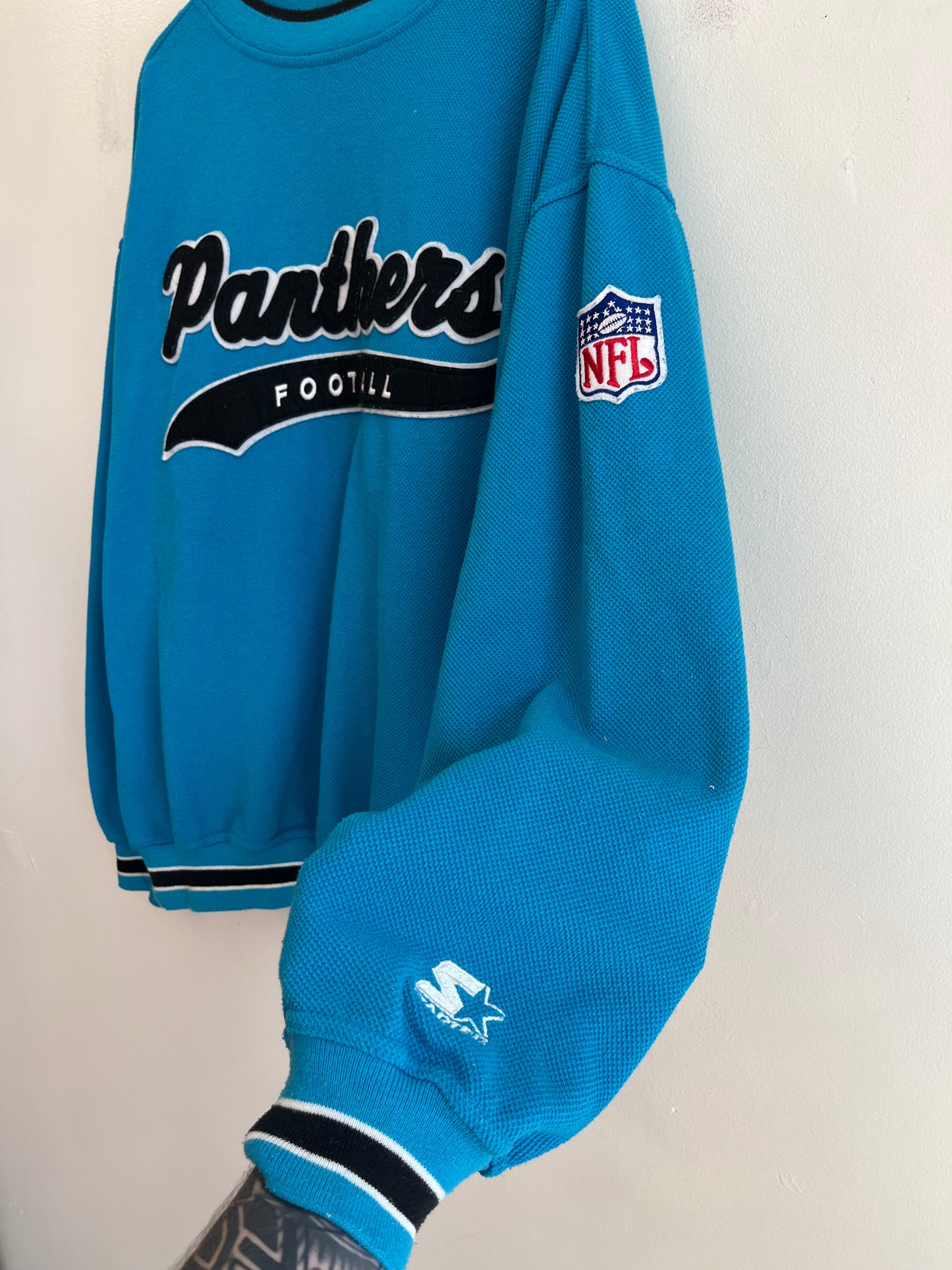 90s Carolina Panthers Starter Embroidered Blue Tail Swoop Crewneck (XL)