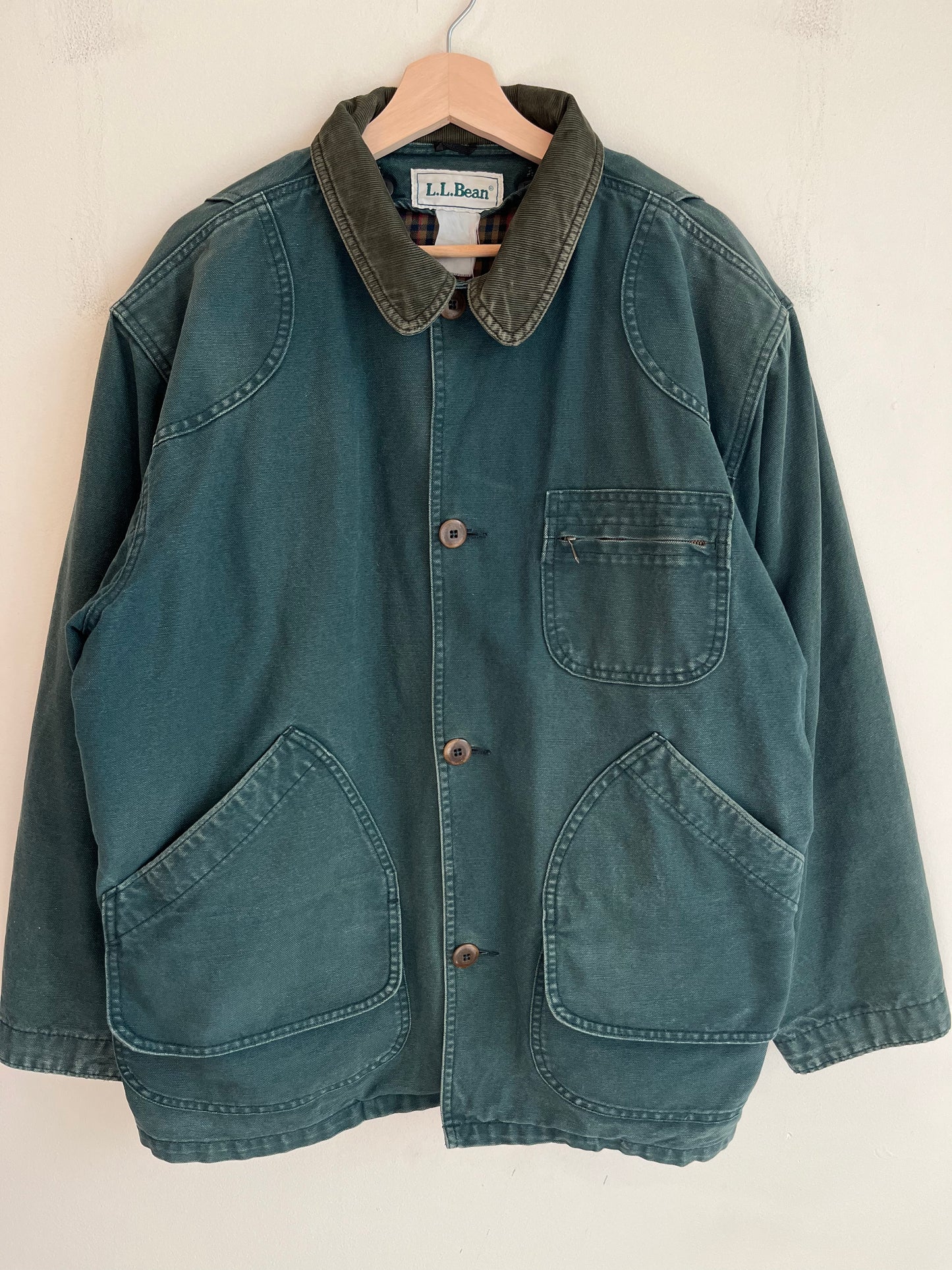 90s L.L. Bean Faded Green Plaid Lined Chore Jacket (L)