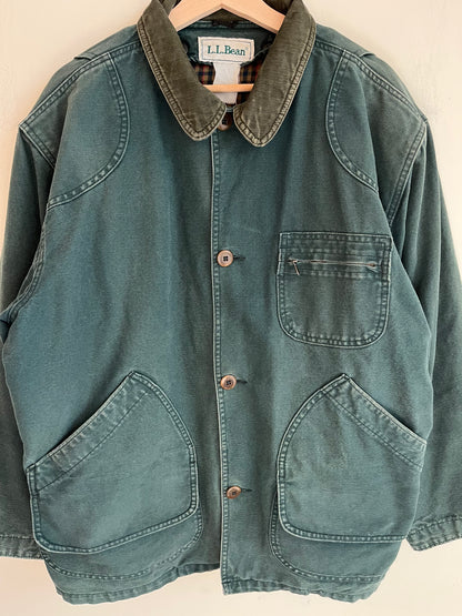 90s L.L. Bean Faded Green Plaid Lined Chore Jacket (L)