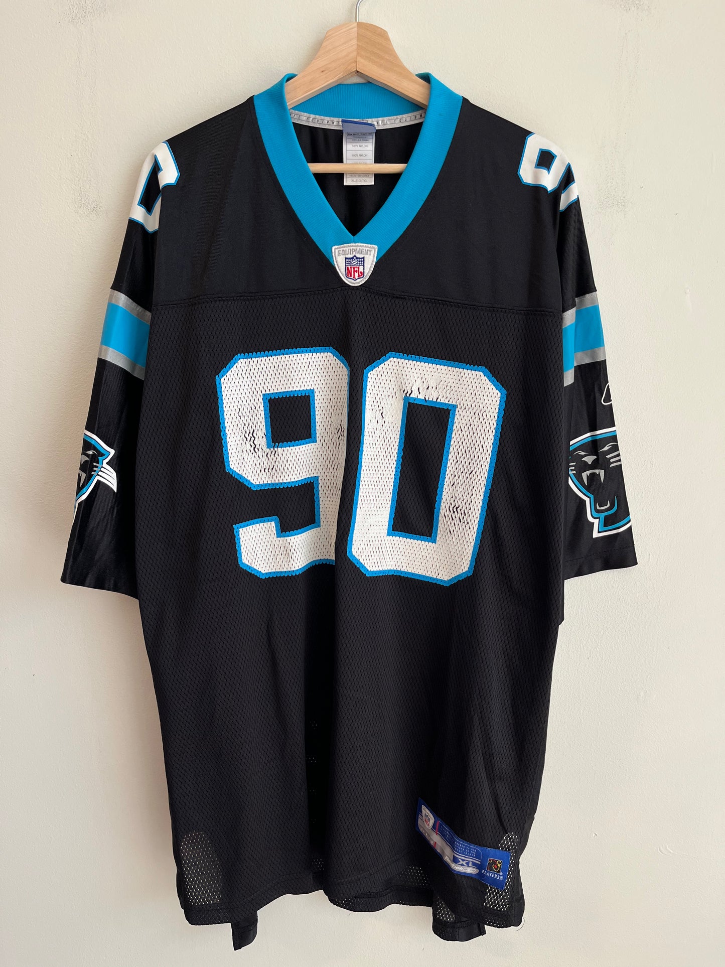 00s Carolina Panthers Julius Peppers Cracked Reebok Jersey (XL)