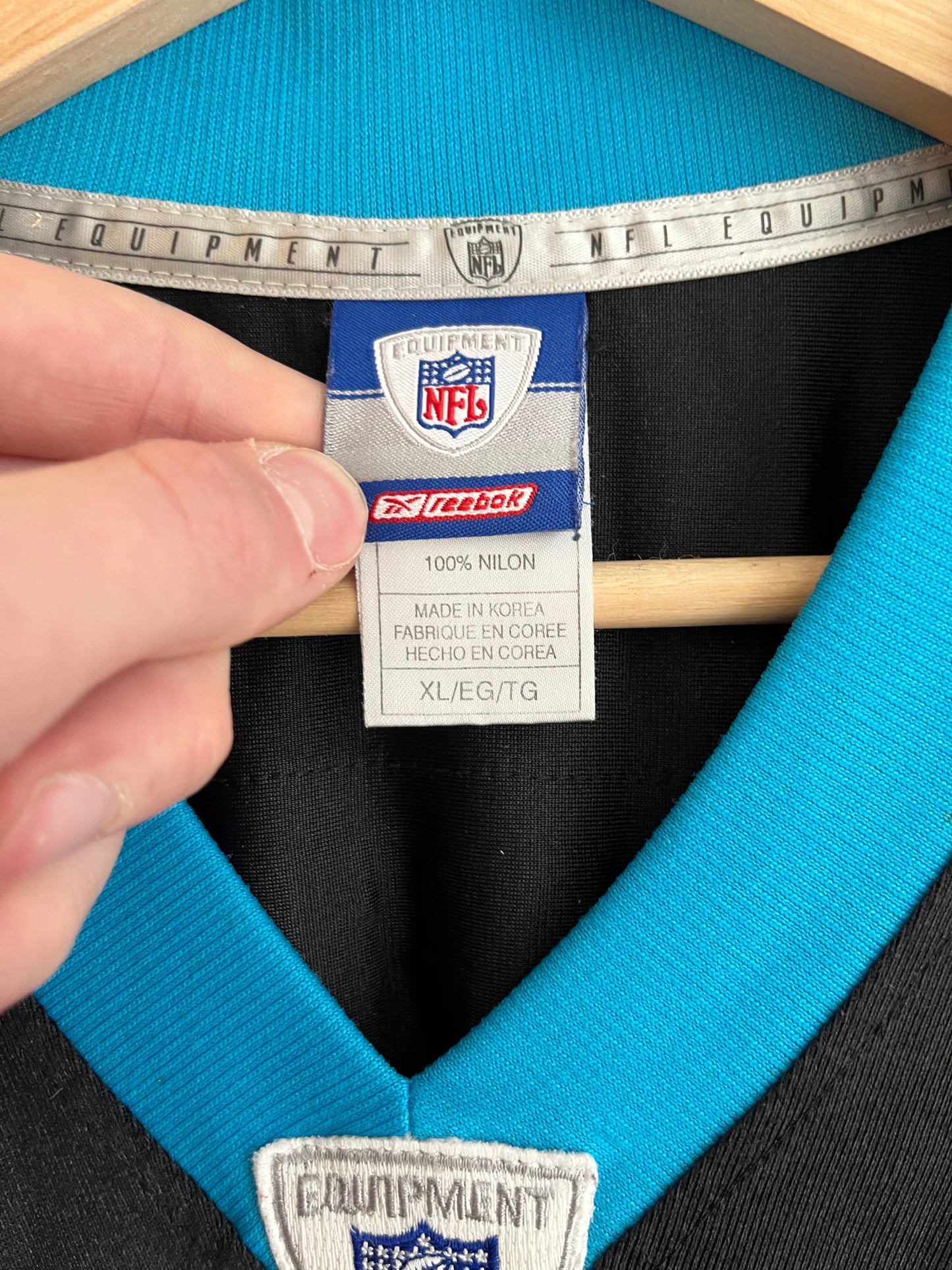00s Carolina Panthers Julius Peppers Cracked Reebok Jersey (XL)