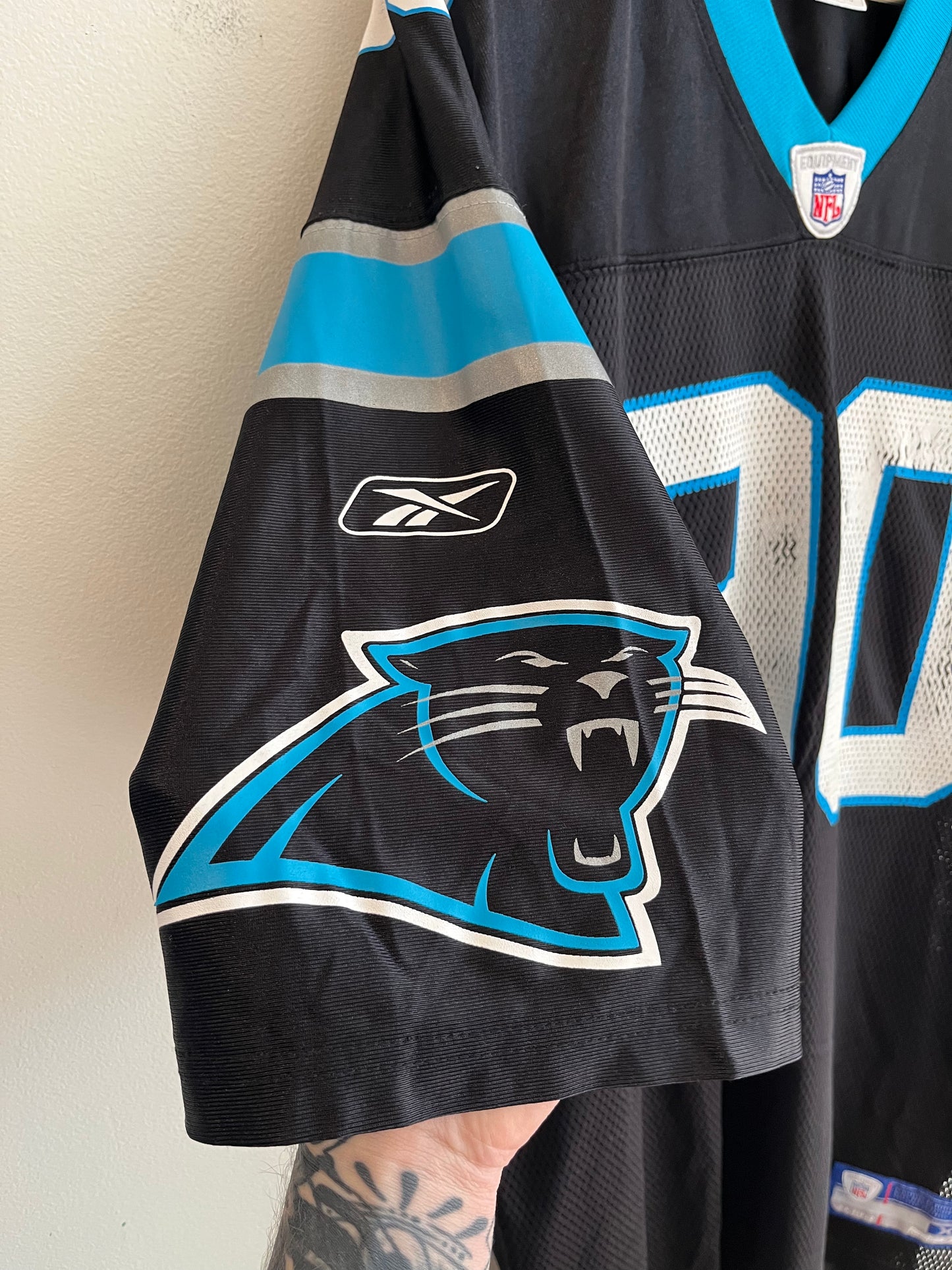 00s Carolina Panthers Julius Peppers Cracked Reebok Jersey (XL)