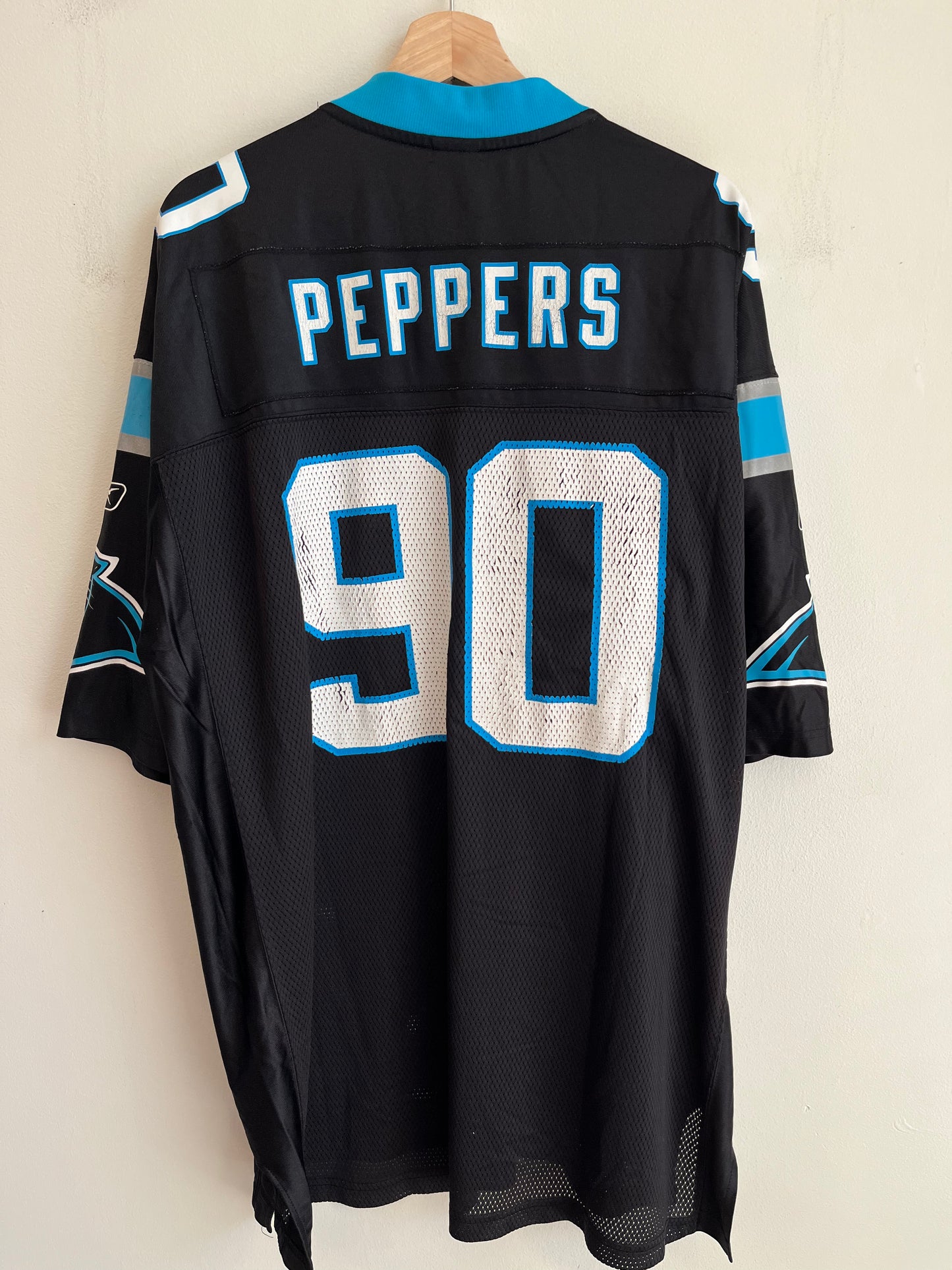00s Carolina Panthers Julius Peppers Cracked Reebok Jersey (XL)