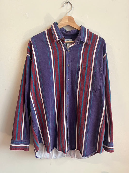 90s World Island Striped Button Down Polo Flannel (L)