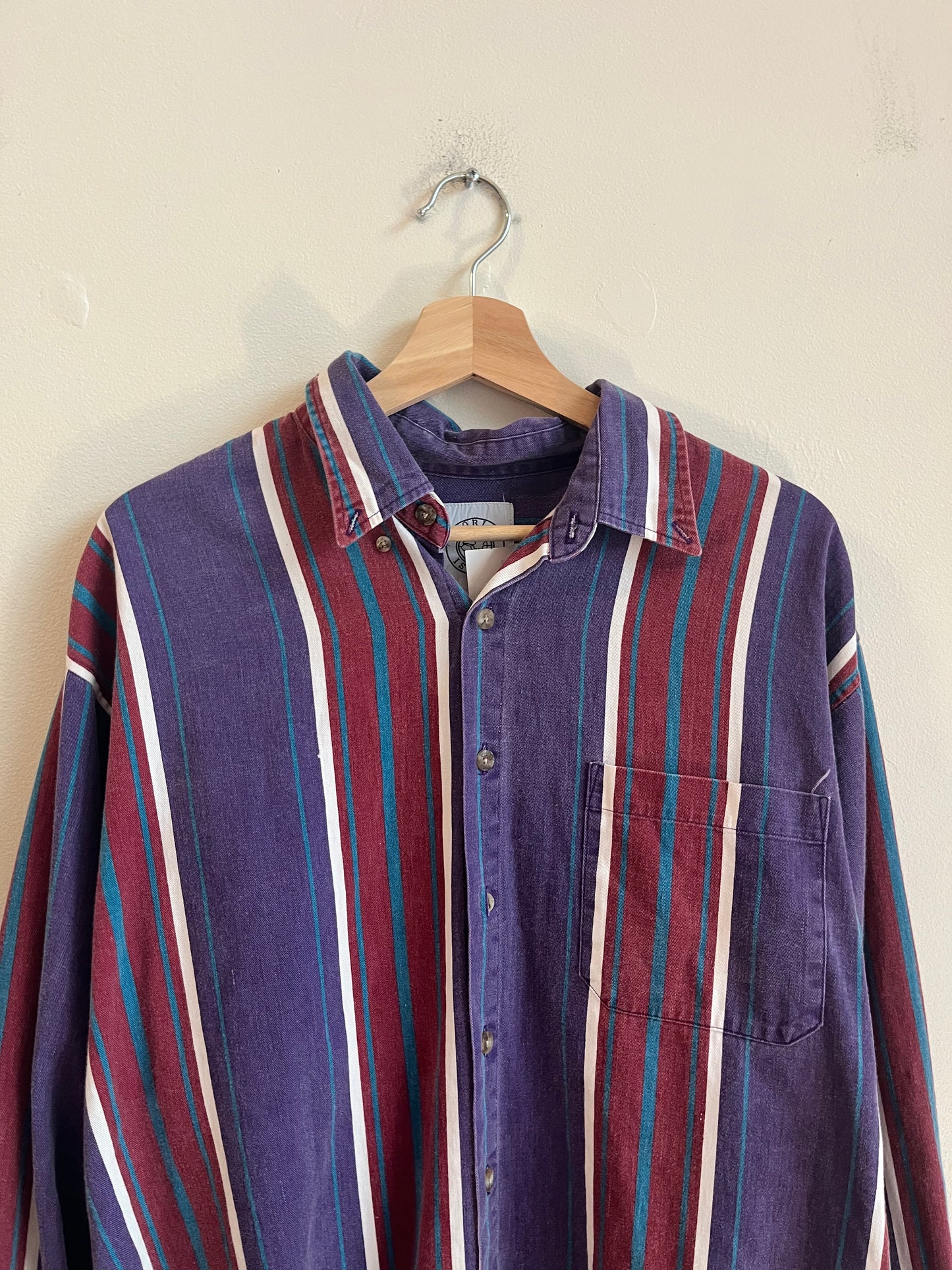 90s World Island Striped Button Down Polo Flannel (L)