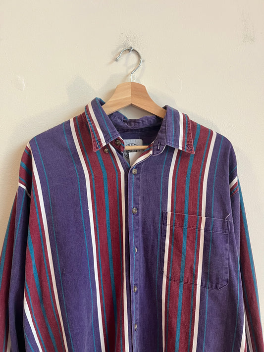 90s World Island Striped Button Down Polo Flannel (L)