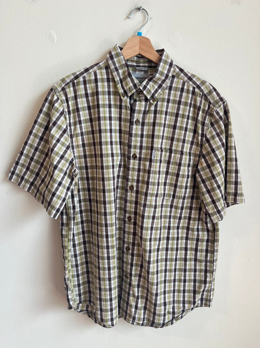 00s Carhartt Green/Brown Striped Essential Pocket Polo Shirt (L)