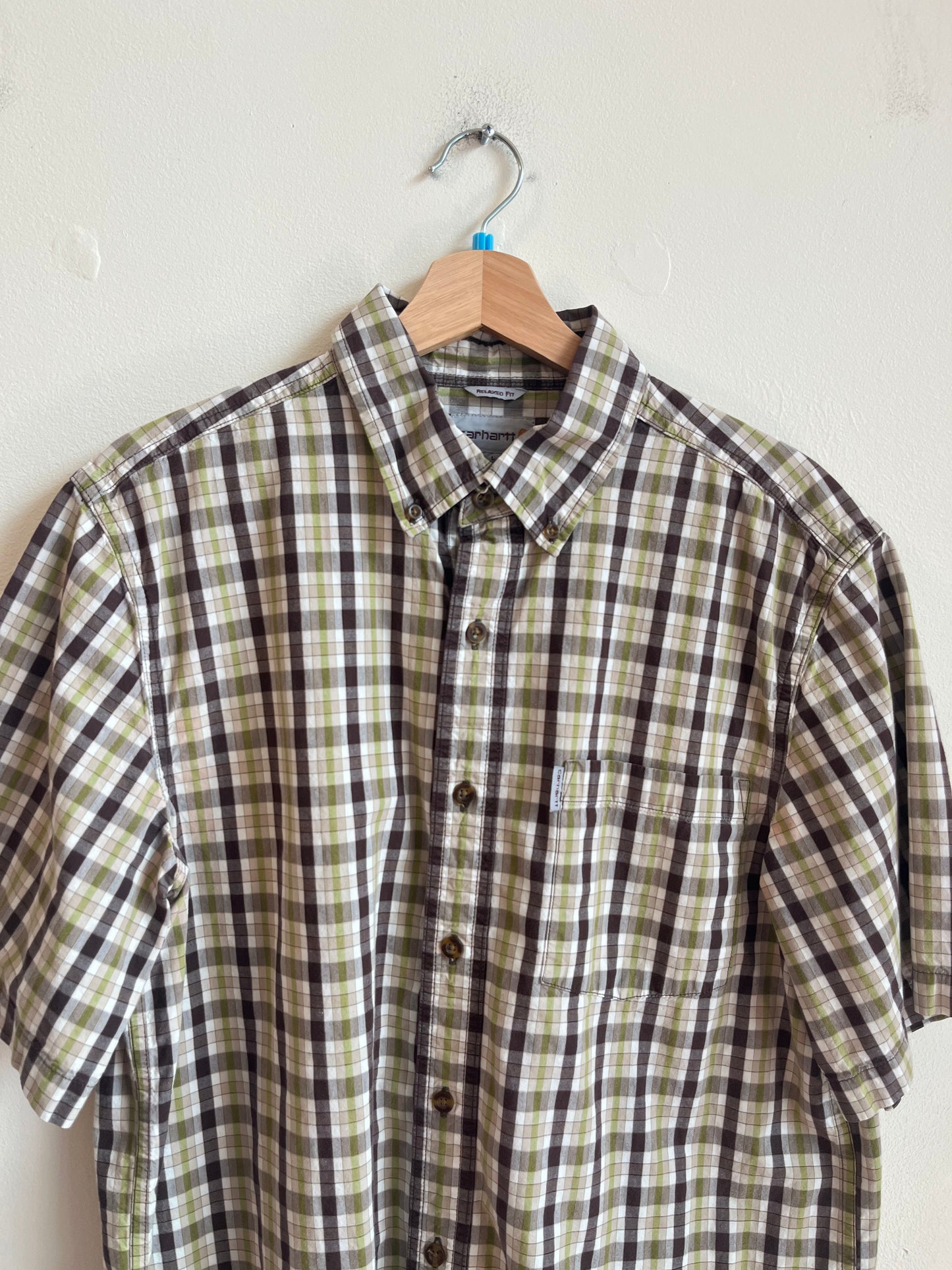 00s Carhartt Green/Brown Striped Essential Pocket Polo Shirt (L)
