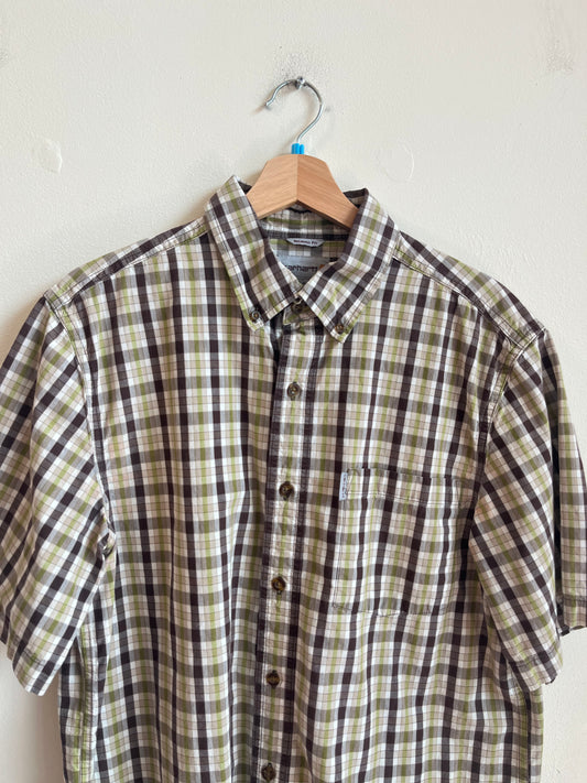 00s Carhartt Green/Brown Striped Essential Pocket Polo Shirt (L)