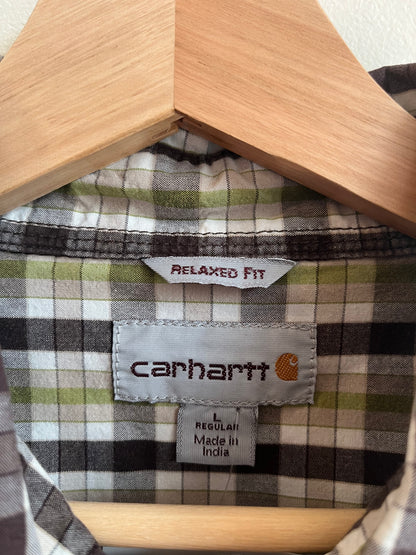 00s Carhartt Green/Brown Striped Essential Pocket Polo Shirt (L)